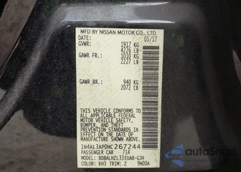 2017 Nissan Altima 2.5 Sr from USA, damaged, VIN 1N4AL3AP0HC267244